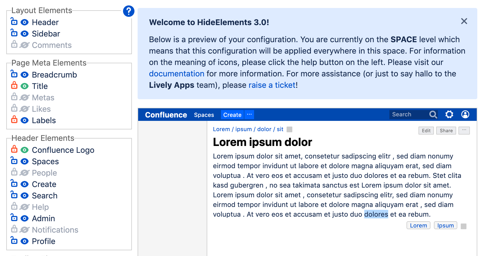 HideElements for Confluence screenshot