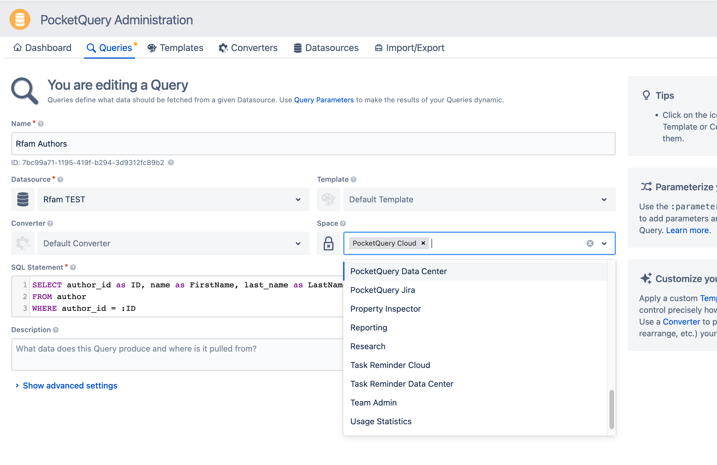 Restrict Queries to Spaces in PocketQuery Cloud